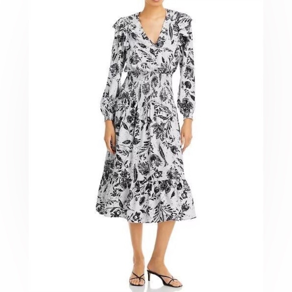 AQUA Smocked Floral Midi Dress Blue Multi Linen Blend V-neck